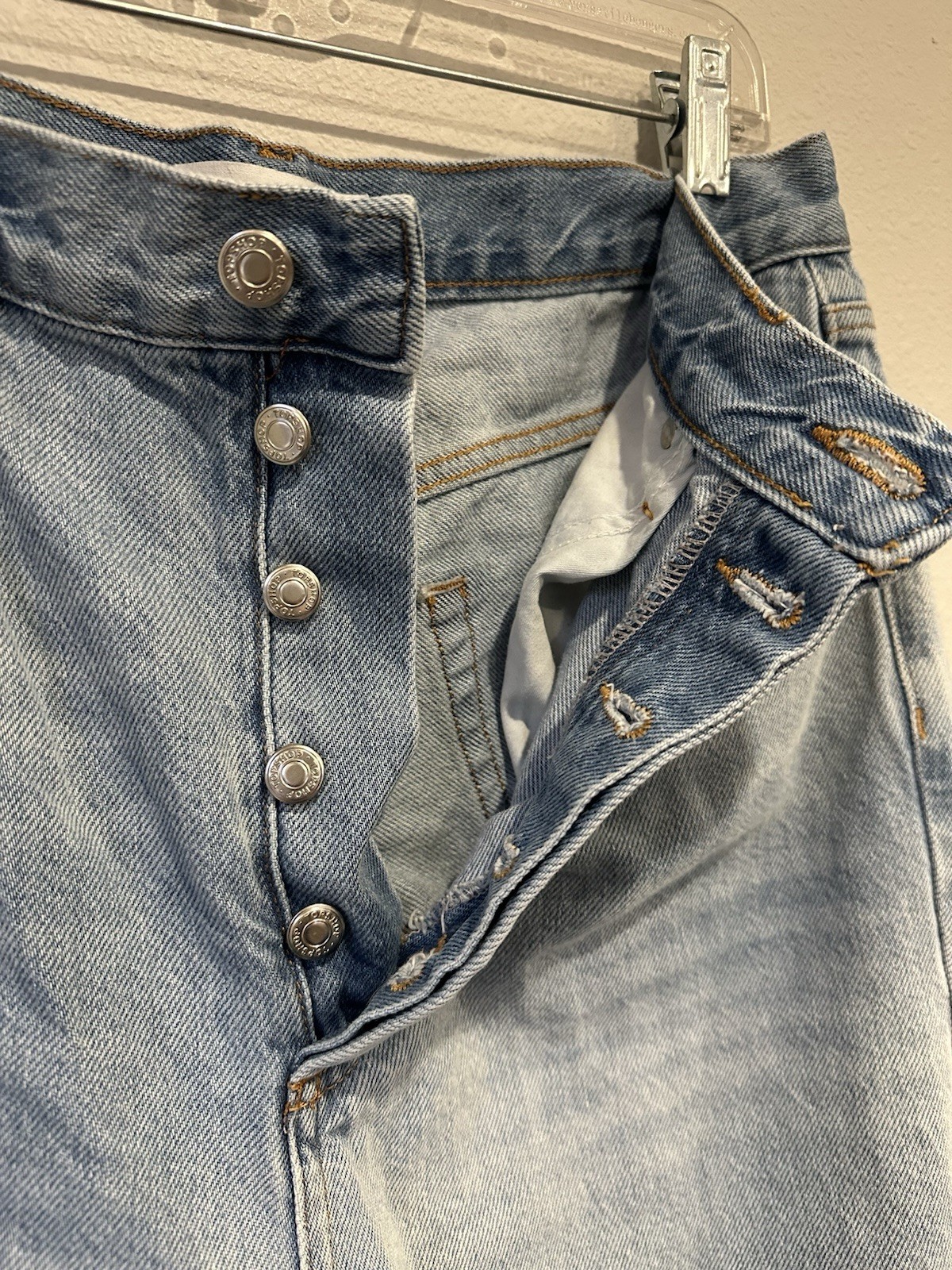 Topshop Denim Straight Distressed Size 34x30 Button Fly No Stretch Light Wash image 3