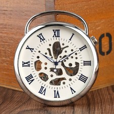 Silver Mechanical Men's Hand Wind Pocket Watch Fob Chain Open Face Roman Dial