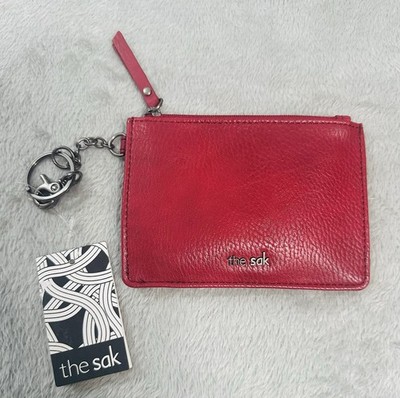 The Sak Leather Coin Purse Wallet La Brea Red Zip Close Key Ring EUC Pebbled