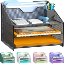 Desk File Organizer, Mesh Letter File Folder Holder with 3 Paper Trays and 2 Ver