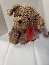 Super Soft Brown Curly Hair Plush Puppy Dog w/Red Bow 10" Sitting Stuffed Animal