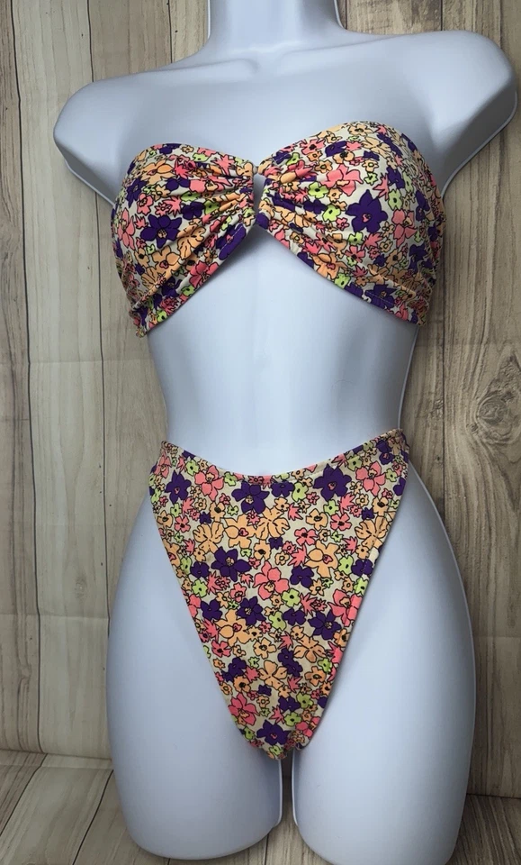 复古葡萄干花卉比基尼大号 9 - 11 美国制造 90 年代头巾高切无肩带 — 第 3/4 张图片