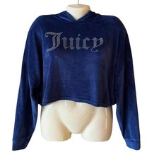 Juicy Couture Velour Rhinestone Crop Hoodie Women Large Blue Sleepwear Y2K