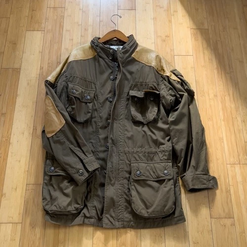 Vintage Orvis Jacket Mens Large Military Green Barn Chore Coat Leather Patchwork