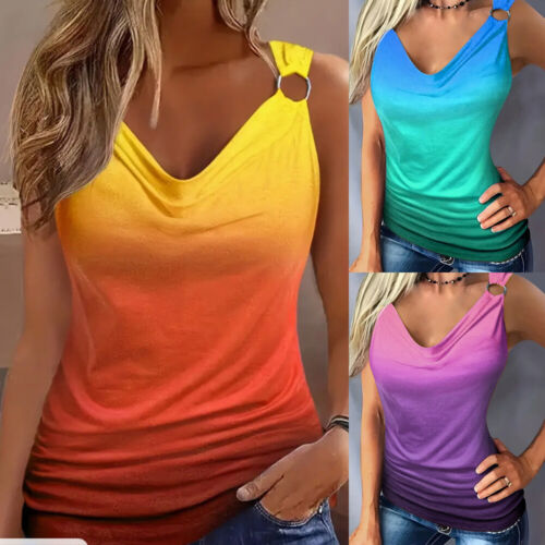 Women Tie Dye Gradient Tank Tops Cami Beach Holiday Sleeveless Blouse Vest Shirt