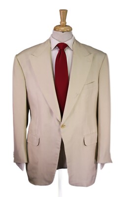 Alan Flusser Full Bespoke w/ Hermes Lining Beige Raw Silk Peak Lapel Suit  46R