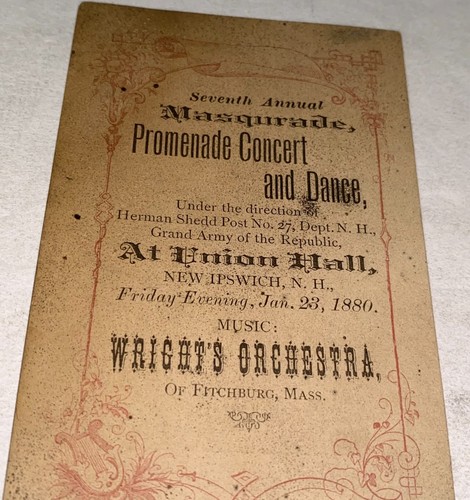Rare Antique American Civil War Veterans GAR Masquerade Concert & Dance NH! 1880