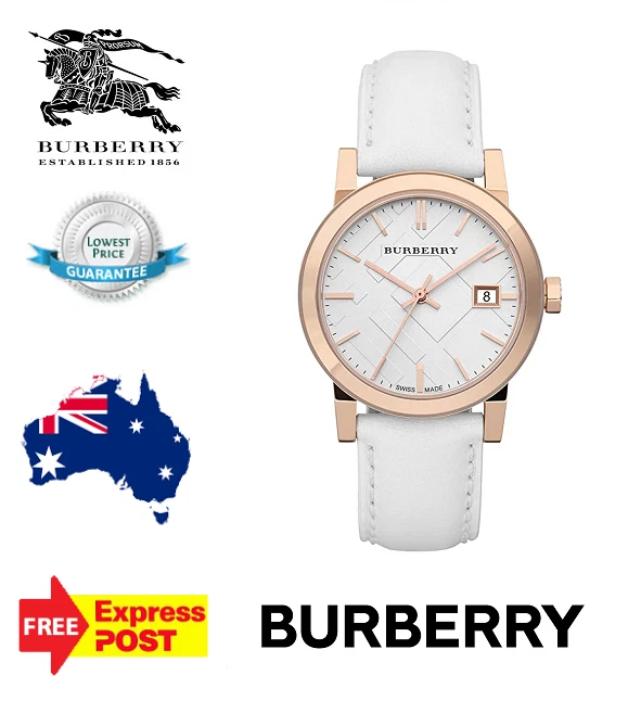 NEW BURBERRY THE CITY BU9108 ROSE GOLD SILVER WHITE LEATHER CHECK WOMENS WATCH