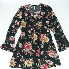 Xhilaration Black Pink Floral Lace up Crochet Bell Sleeve V neck Boho Dress Sz M