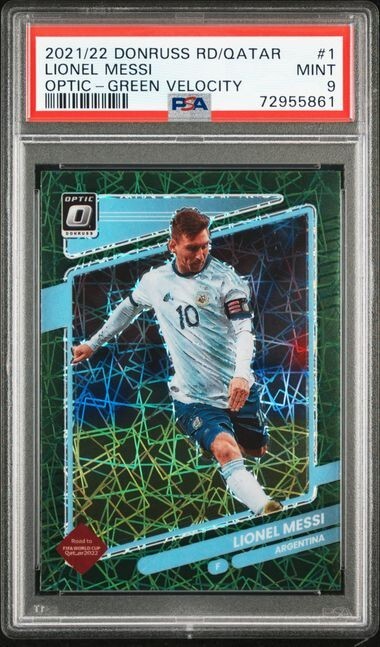 2021-22 Donruss FIFA World Cup Lionel Messi Optic Green Velocity #1 PSA MINT 9