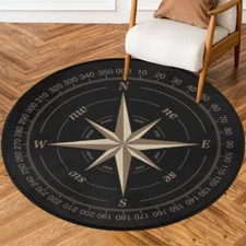 Compass Rose Round Area Rug Artwork Black Non-Slip Circle Rug for Bedroom Liv...