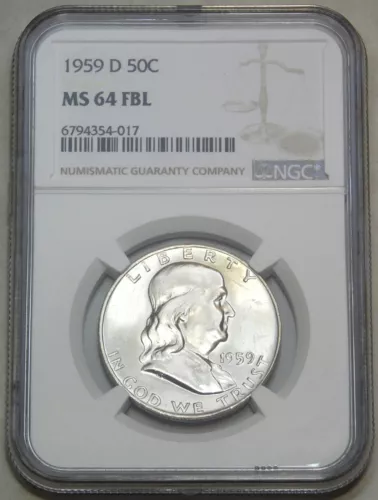 1959-D Franklin Half Dollar NGC MS64FBL Full Bell Lines Frosty Luster PQ #Q52C