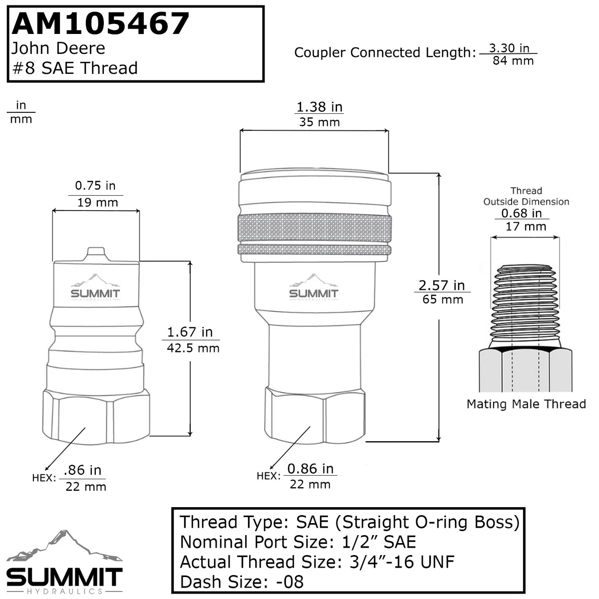 John Deere AM105467 Replacement Male Quick Disconnect Coupler 