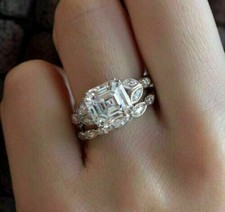 Simulated 2.70CT Asscher  Round Cut Sapphire Women Art Deco Engagement Ring Set