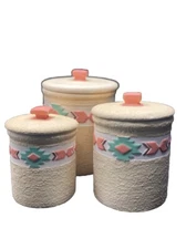 Southwestern Pastel Mint Pink Ceramic Canister Set Of 3 Made In Philippines