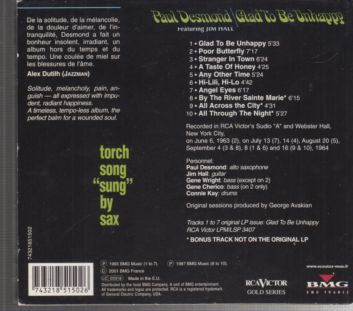 Glad to Be Unhappy [Remaster] by Paul Desmond (CD, May-2001, Bmg/Rca ...