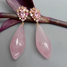 Natural Rose Quartz Gold Plated Stud Dangle Stones Cz Stud Earrings Jewelry