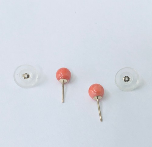 Solid 14K Yellow Gold Genuine Pink Coral Round 5.5 - 6 mm Ball Stud Earrings NEW - Picture 5 of 8