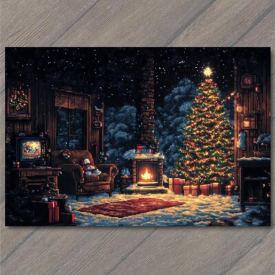 Art Print Cabin Christmas Tree Lit Snowy Night Pixel Art Winter Wonderland 8 Bit