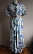 Vtg Intimate Fashions M Blue Wamsutta Floral Ruffle House Dress Robe Gown