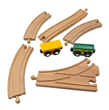 Assorted Wooden Train Locomotive Tracks and Two Train Cars