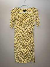 Lauren Ralph Lauren Yellow Geometric Chain Print Ruched Faux Wrap Dress Size 8