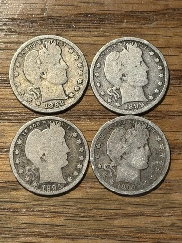 Lot of 4 Silver Barber Quarters  1895, 1898, 1899, 1909!!! Nice Lot.