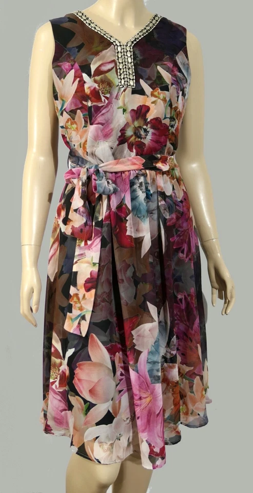 Marca Foley's Mexico Sheer Chiffon Silver Jewelry A line Sheath Belt Dress M - Image 2 of 4