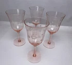 Lot of 4 Vtg Depression Panel Glass Wine Stems Pink Etched Flowers Leaves