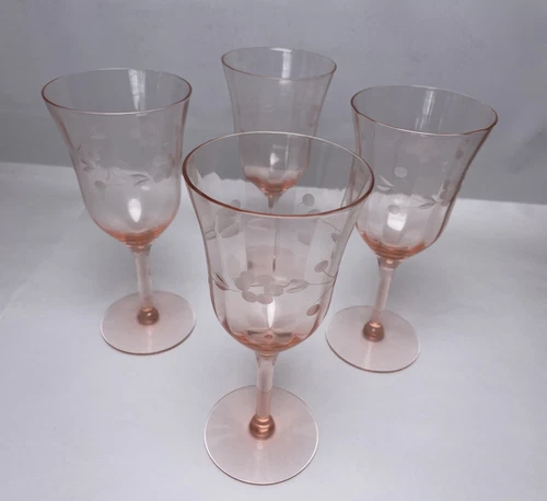 Lot of 4 Vtg Depression Panel Glass Wine Stems Pink Etched Flowers Leaves