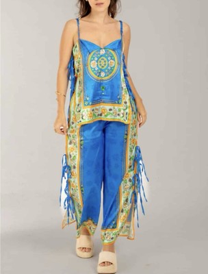 Satin Unique Print Side Lace-up Tank & Elastic Waist Pocketed Wide Set-SIZE S