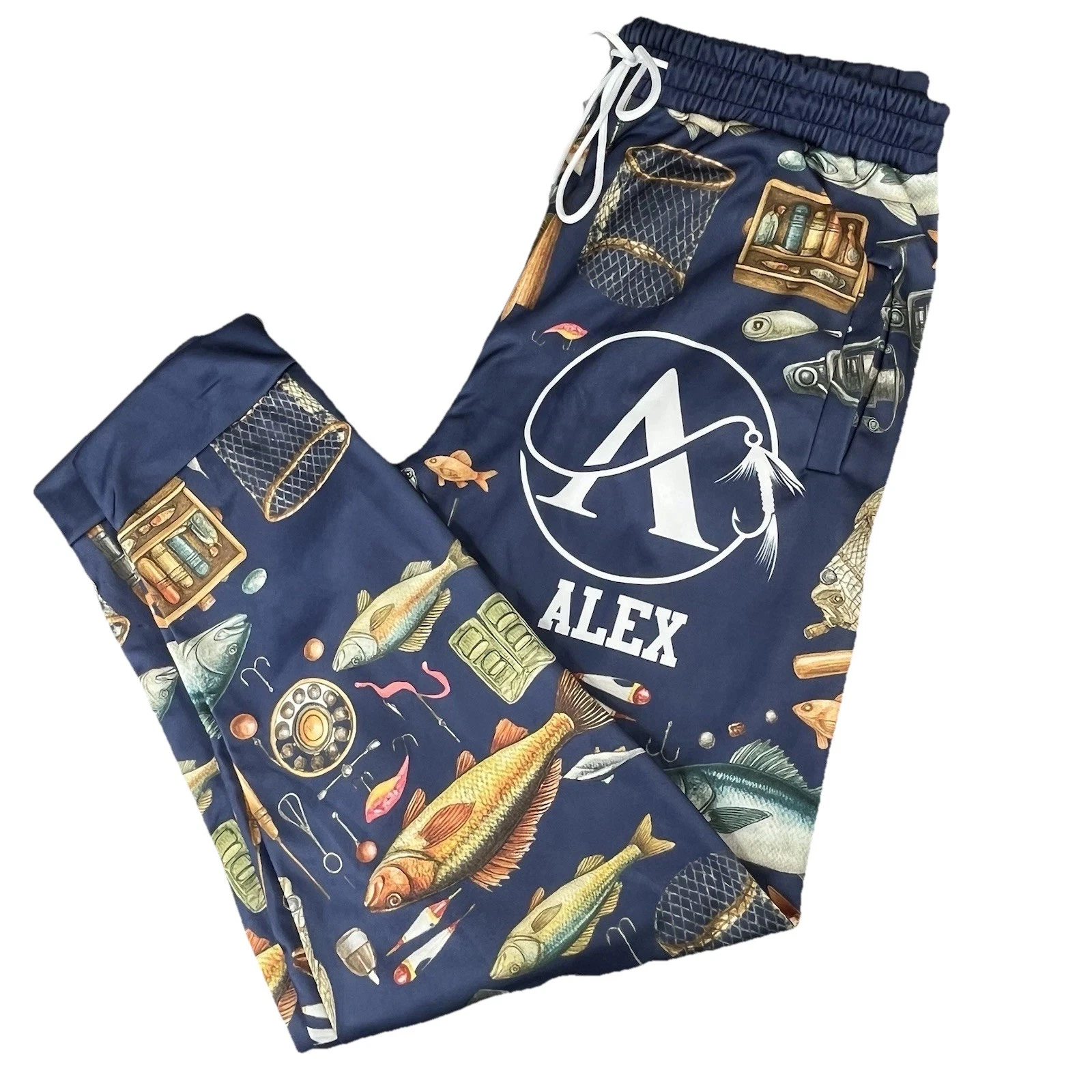 Custom Alex Fishing Jogger Pants Mens L Fish Angler Athletic Casual Joggers