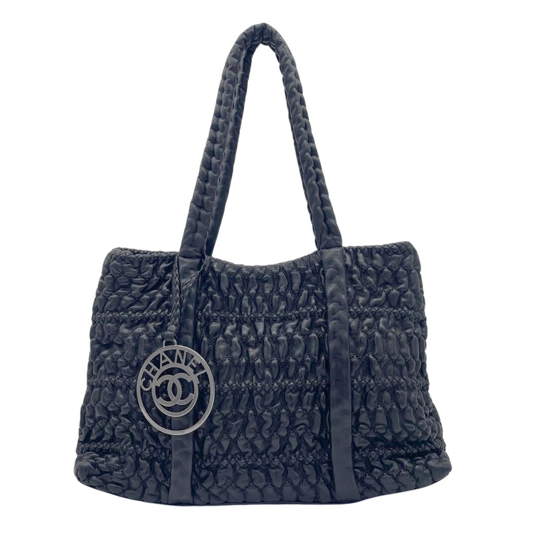 CHANEL Bubble Quilt Leather Shoulder Tote Bag with Charm Black No 12