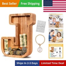 Wooden Piggy Bank for Kids Boys, Personalized Letter 9", Piggybank-j