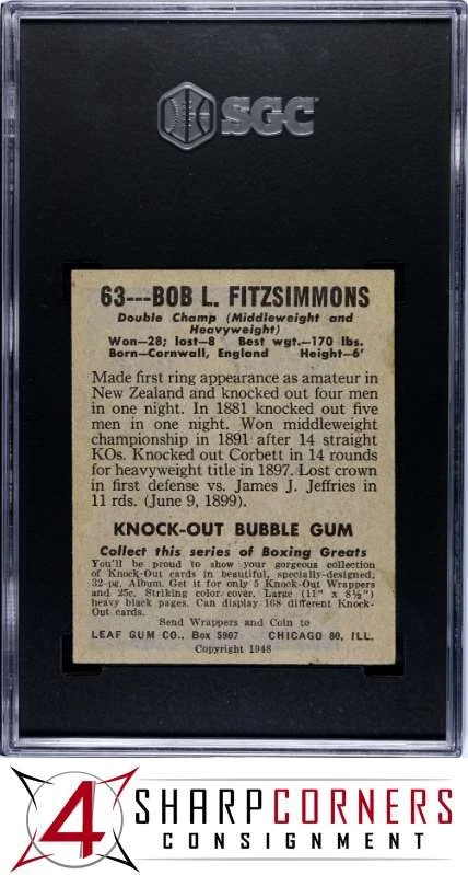 1948 LEAF GUM CO. #63 BOB L. FITZSIMMONS HOF POP 12 SGC 5 - Image 2 of 4