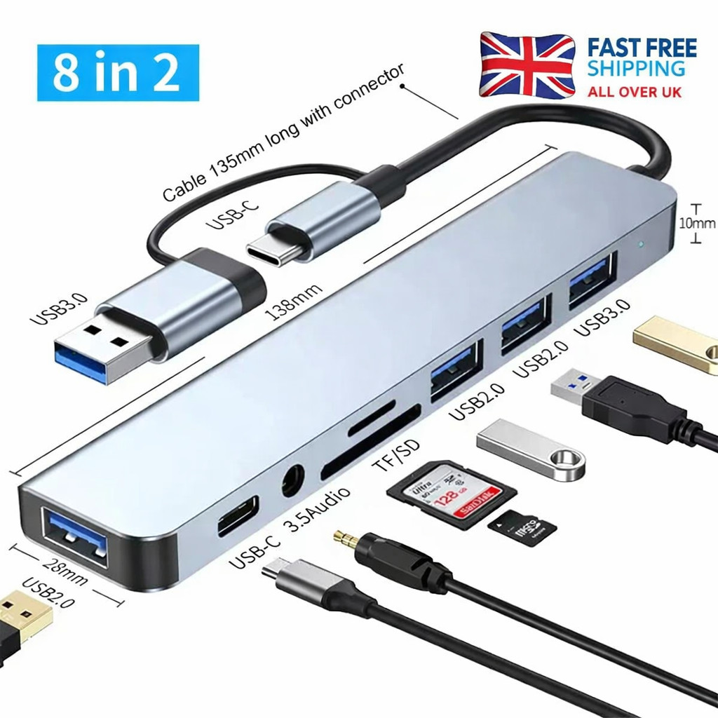 8 In 2 USB HUB With Splitter Card Reader, USB C Port, USB 3.0 / 2.0, SD/TF Split