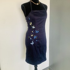 Express World Brand Vintage Butterfly Navy Y2K Floral Embroidered Halter Dress