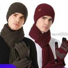 Men 3Pcs Knit Beanie Scarf Touchscreen Gloves Set Winter Warm Outdoor Gift