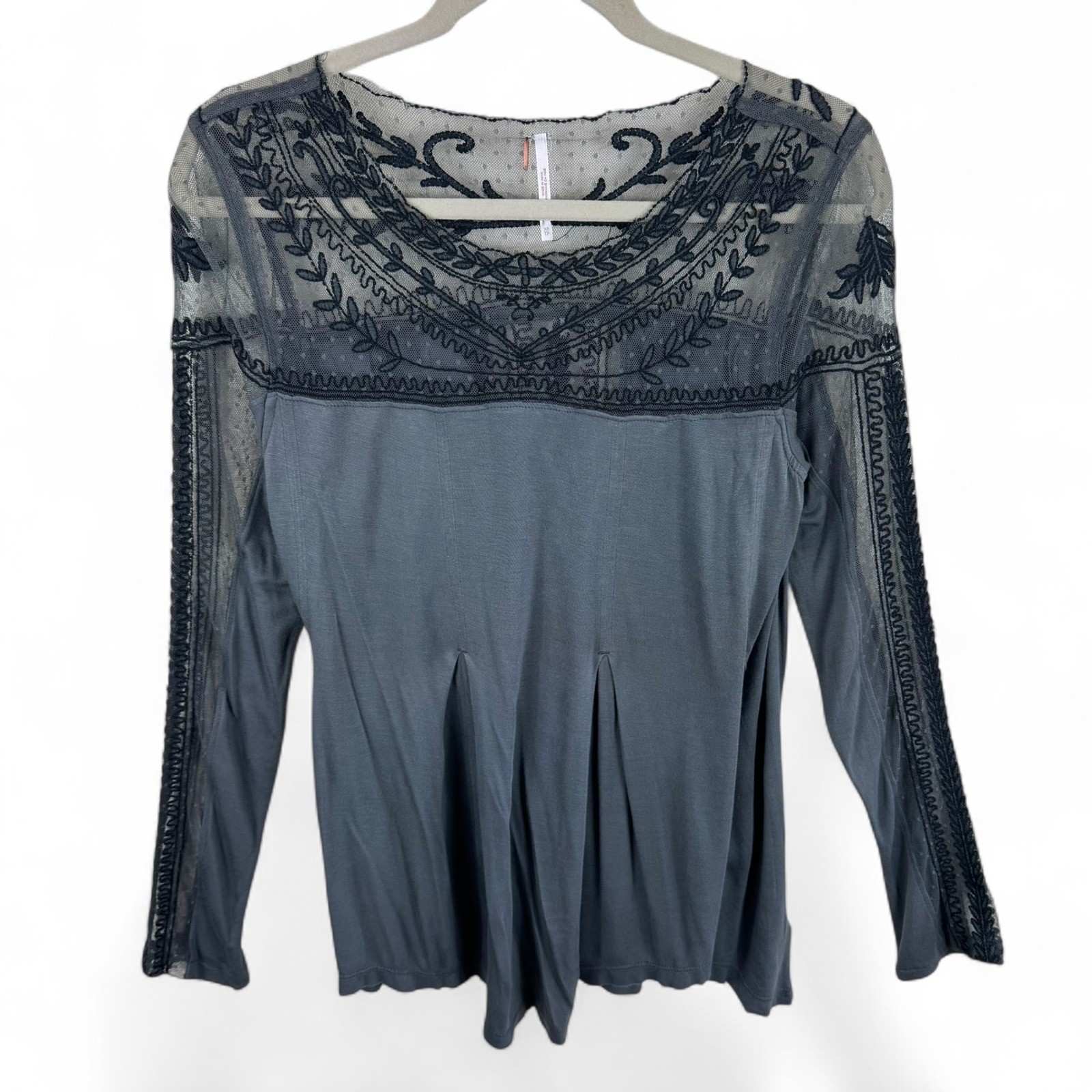 Free People JoJo Charcoal Grey Embroidered Mesh Long Sleeve Pleated Boho Top XS
