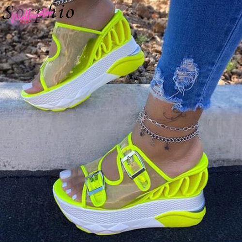 NEW Y2K Neon Yellow Wave Wedges Sandals Platform Sandals Women 2020 High  Heels C | eBay