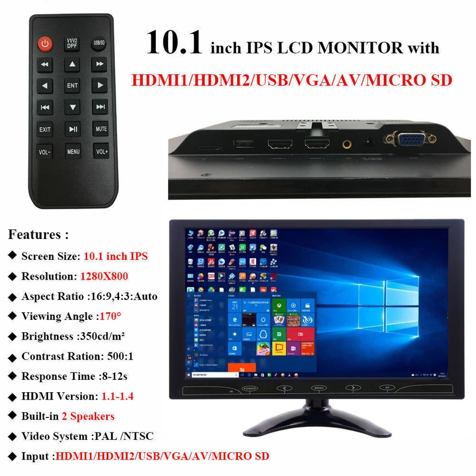 10.1"/7" IPS Monitor CCTV PC Screen USB/MicroSD/VGA/HDMI1/HDMI2 for Raspberry - Image 2 of 4