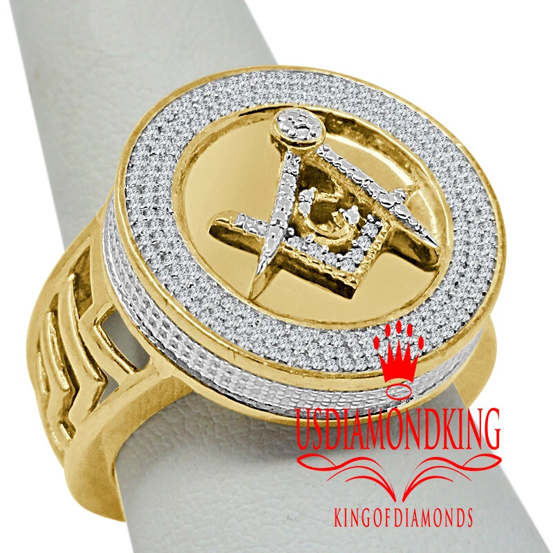 Mens Real Genuine Diamond Masonic Freemason 10K Yellow Gold Finish