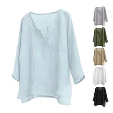 Summer Mens Cotton Linen V Neck T Shirt Long Sleeve Blouse Casual Loose Tops Tee