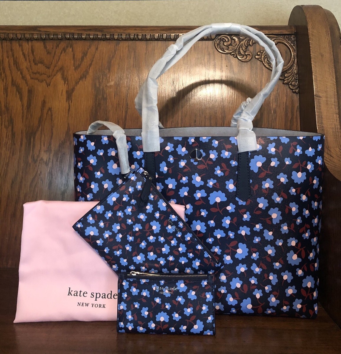 NWT-Kate Spade-SET-Molly Blue Party Floral Tote w/Pouch  display picture 3