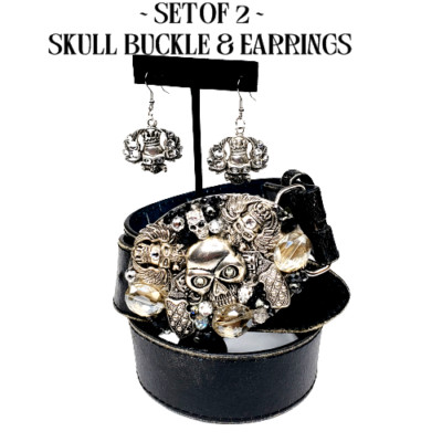 Gothic Skull Embellished Silver Handcrafted Buckle & Earring Srk. Crystals. Gothic Silver Skull Earrings with Teardrop Patina Crystals  main image 4