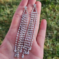silver tone clear rhinestone tassel Fringe pierced earrings Long 4"