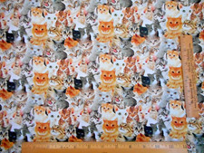 Cat Fabric By The Yard Small Packed Realistic Kitty Kitten Faces Premium Cotton