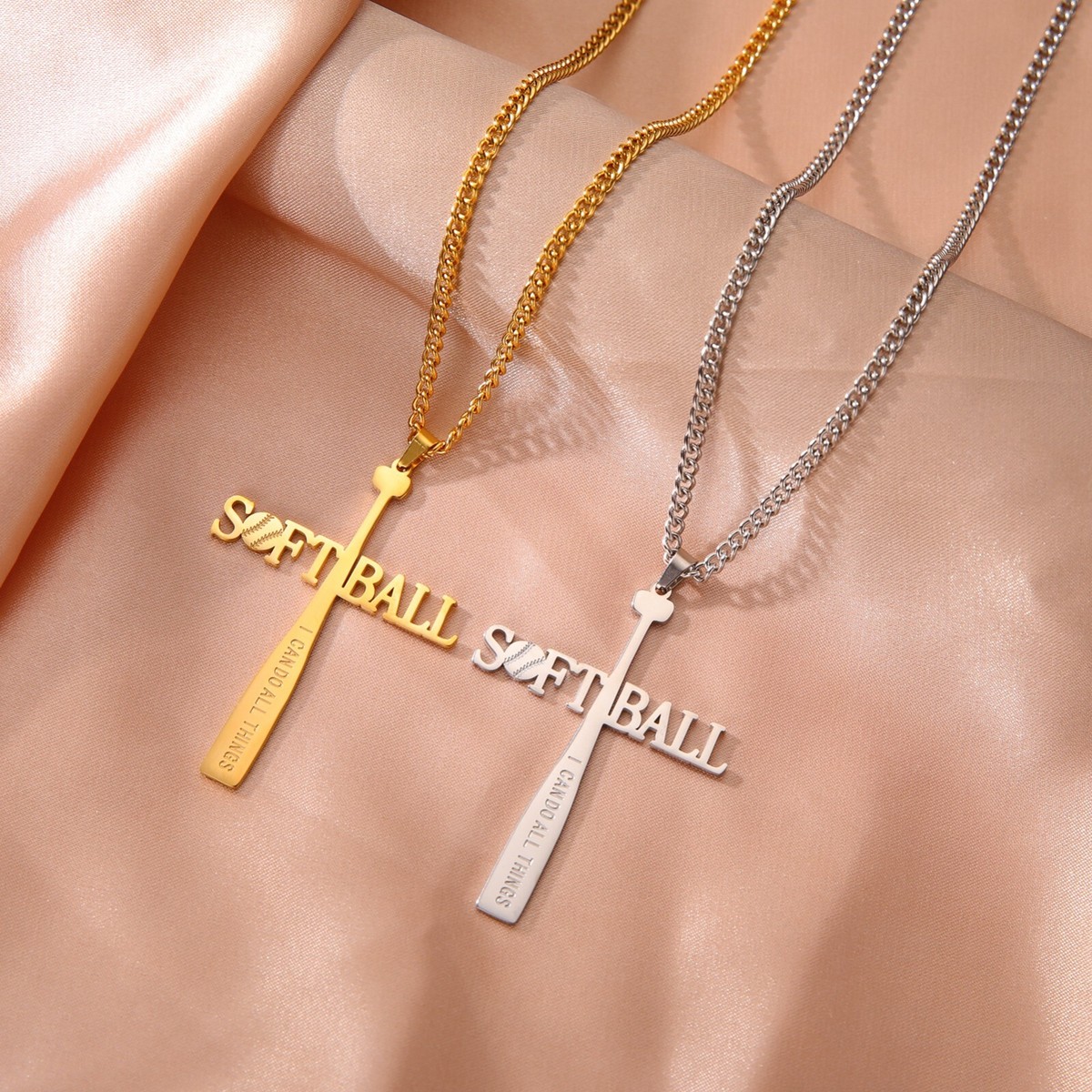 Softball Bat Cross Pendant Bible Verse Stainless Steel Necklace Jewelry Gift