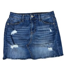 Vanilla Star Jean Skirt Juniors Size 1 25x13 Distressed Stretch Frayed Raw Hem