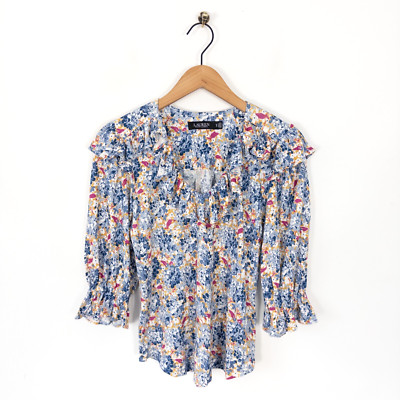 Lauren Ralph Lauren Leinenmischung Bluse Gr. S 8 10 Blumen Rüschen V-Ausschnitt